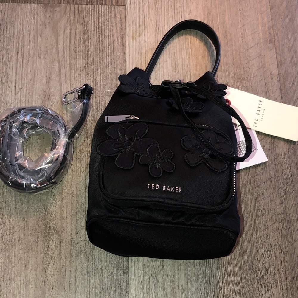 Ted Baker Lola Black Noir Mini Bucket Bag Flower Patches + Crossbody Strap NWT